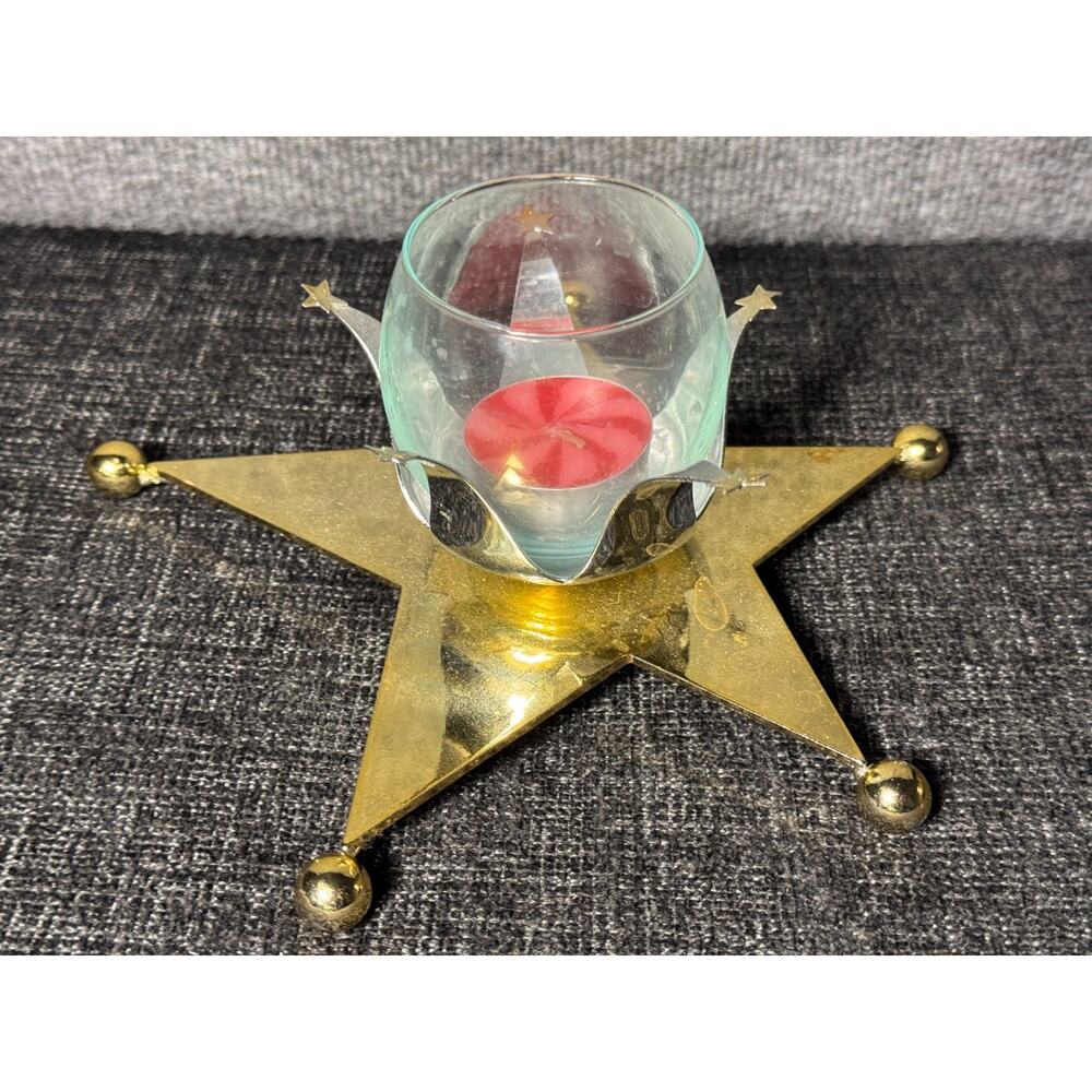 Vintage Dept. 56 Silver & Gold Tone Star Candle Holder With Votive Cup